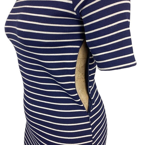 IRIS Striped Short Sleeve Sexy Bodycon Dress Asymmetric Hem Crew Neck Sz M 250B - Picture 6 of 9